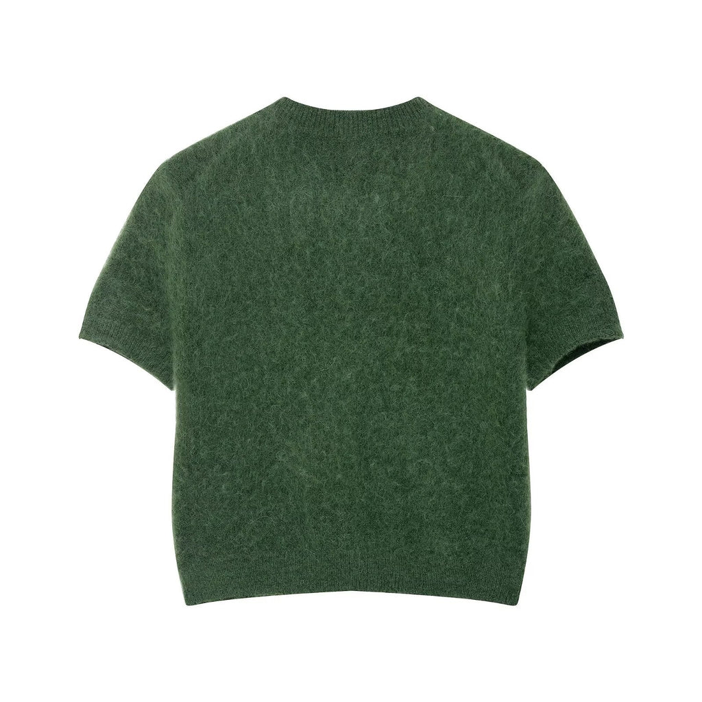 Early Autumn Women Clothing Office round Neck Short Sleeves Single Breasted Knitwear