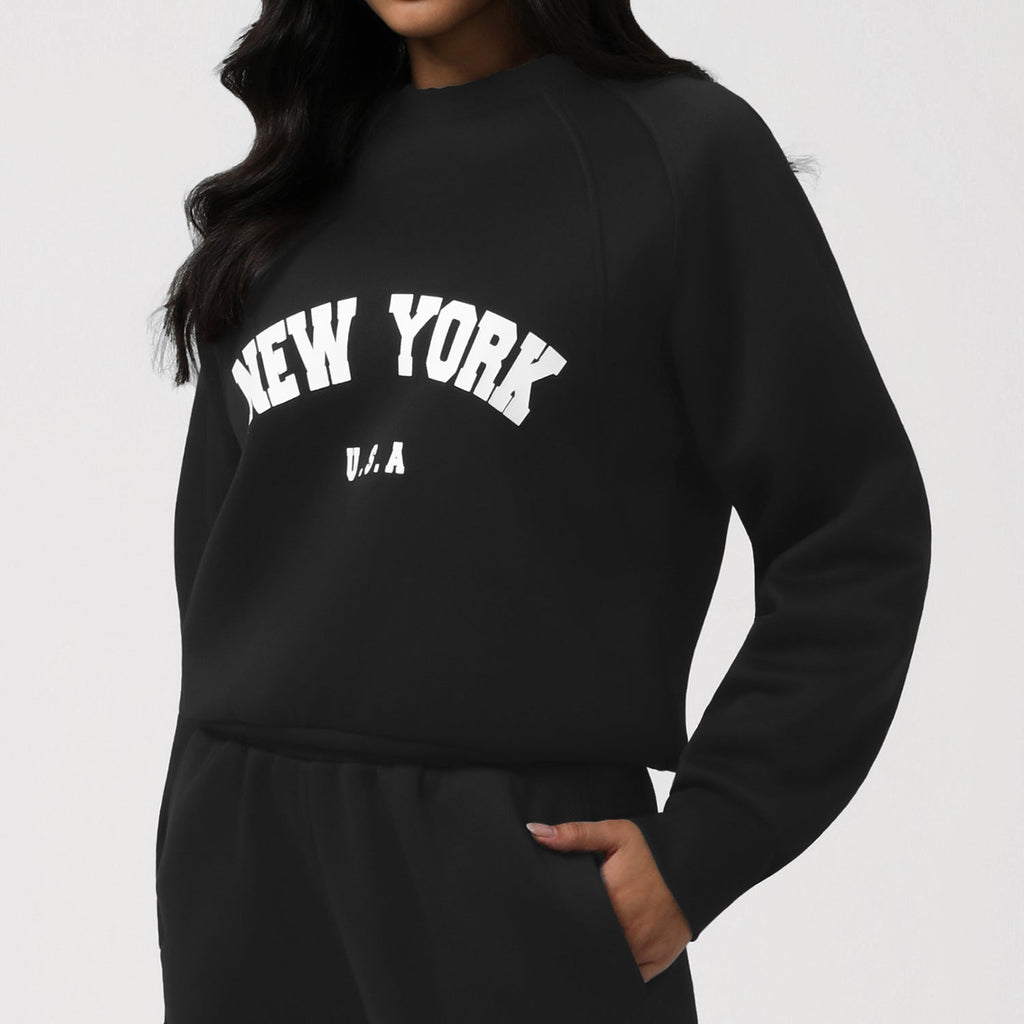 Autumn Winter Fleece Lined Sports Sweater Women Letter Graphic Long Sleeve Casual Warm Top Loose Thin Fitness Clothes