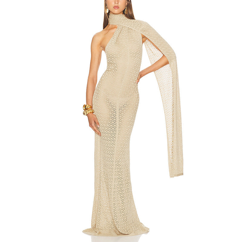 Sexy Dress High Grade Irregular Asymmetric Shawl Collar Hollow Out Cutout Slim Dress