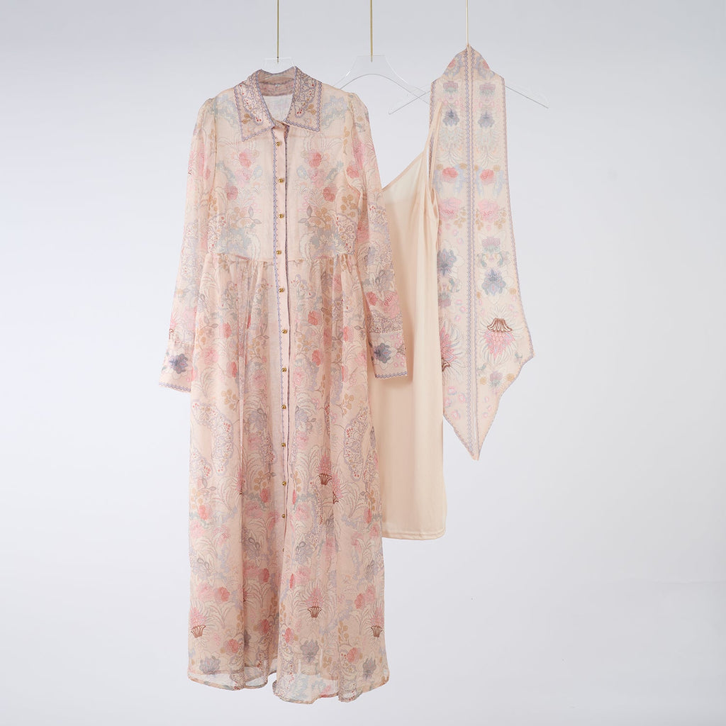 Women Spring Autumn Two Piece Set Printed Single Breasted Maxi Dress