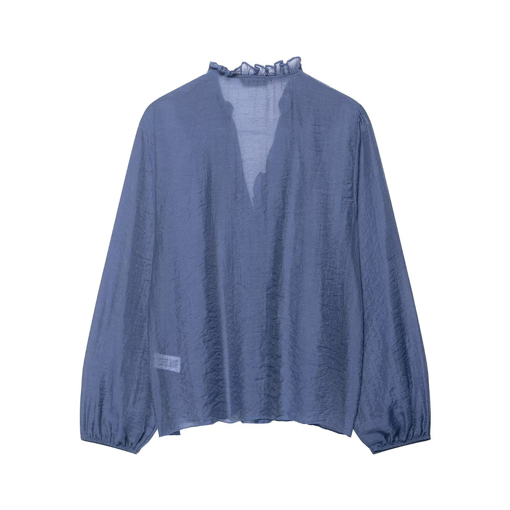 Women Clothing Autumn Laminated Decoration Long Sleeve Shirt