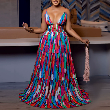 Women Wear Sexy Strap Backless Print Color Dress