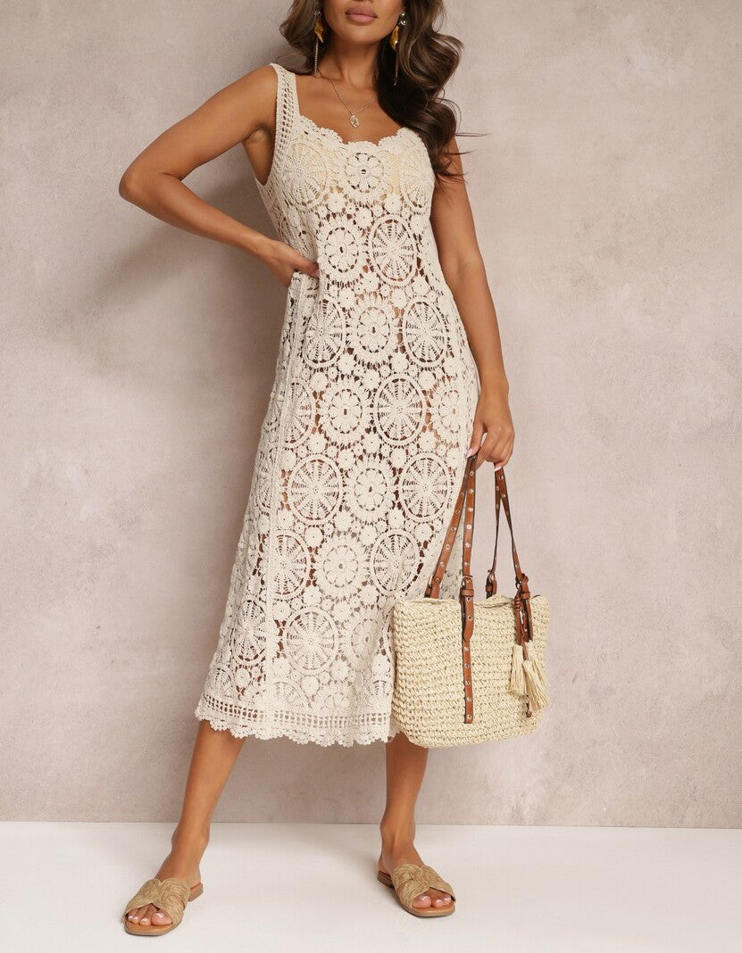 Women Check Patterned Hand Woven Open Length Strapless Dress
