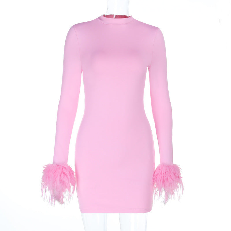 Women Half Turtleneck Sexy Slim Hip Furry Long Sleeve Short Dress