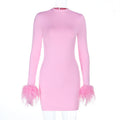 Women Half Turtleneck Sexy Slim Hip Furry Long Sleeve Short Dress