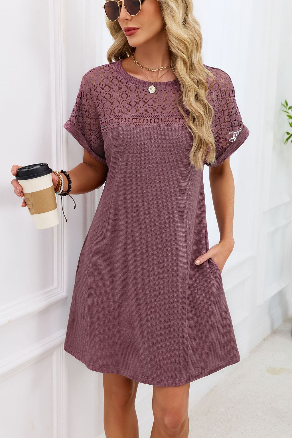 Spring Summer Solid Color round Neck Lace Stitching Loose Short Sleeve Dress