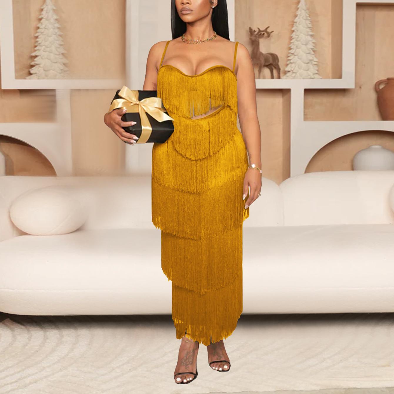 Women Wear Sexy Strap Backless Tassel Maxi Dress