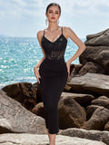 Black Camisole Lace Stitching Evening Dress Sexy Deep V Plunge Slim Sheath Dress
