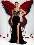 Black Velvet Spaghetti Straps Evening Dress Heavy Industry Colorful Crystals Beaded Waist Tight Slit Slim Fitting Cocktail Dress