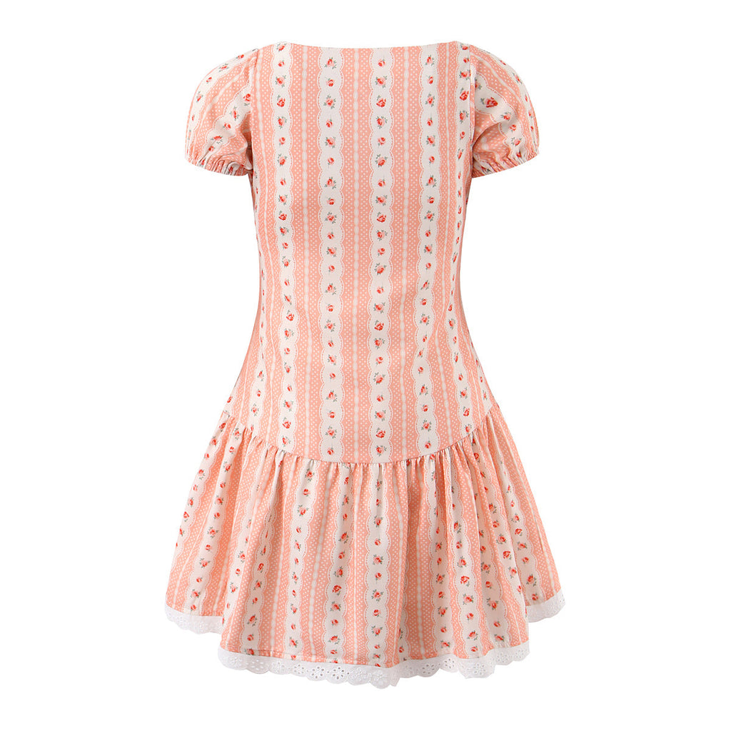 French Girlish Fresh Sweet Lace Strap Printing Slim Fit Short Dress