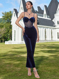 Velvet See through Stitching Dress Sling Deep V Plunge Ball Sexy Evening Dress