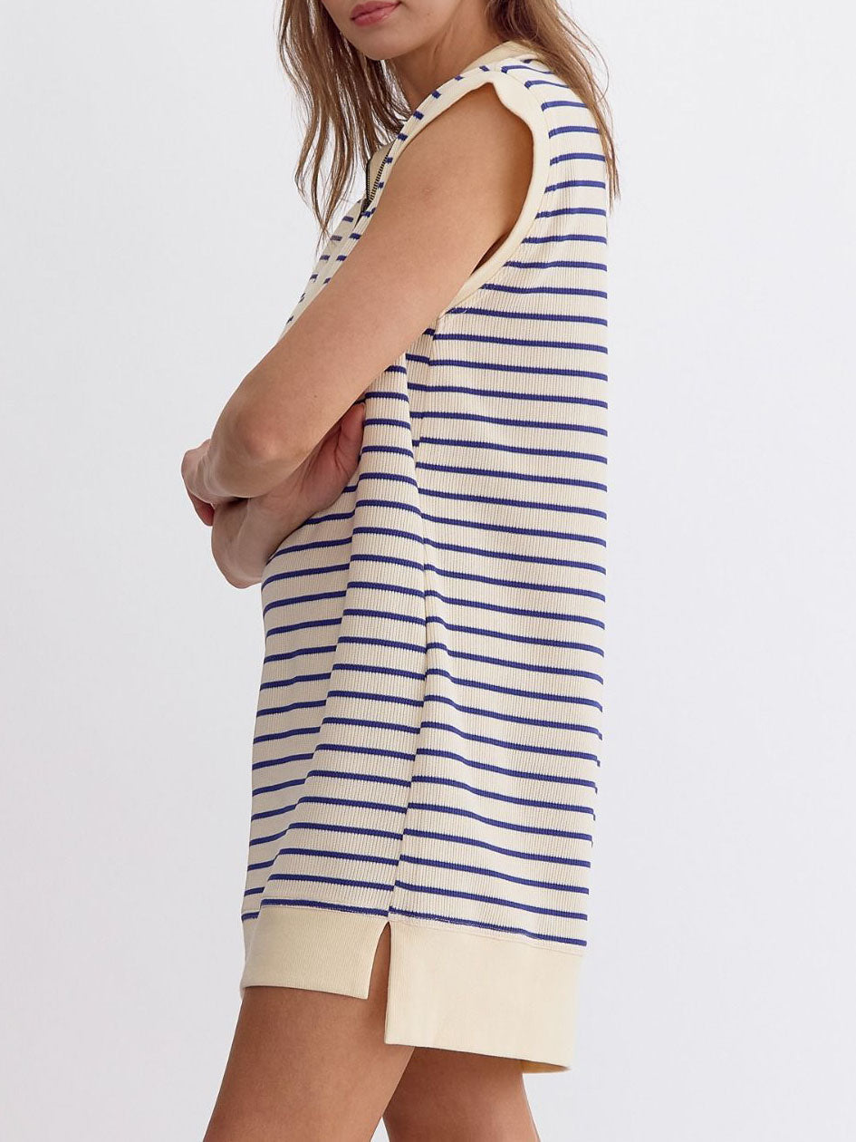 Ladies Summer Sleeveless Cotton Knitted Striped Color Matching Zipper Pocket Dress