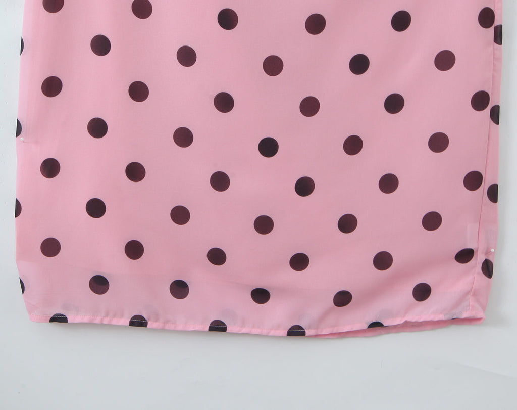 Gentle Elegant Pink Polka Dot Brace Dress Women Vintage Backless Lace up Design Tight Waist Maxi Dress