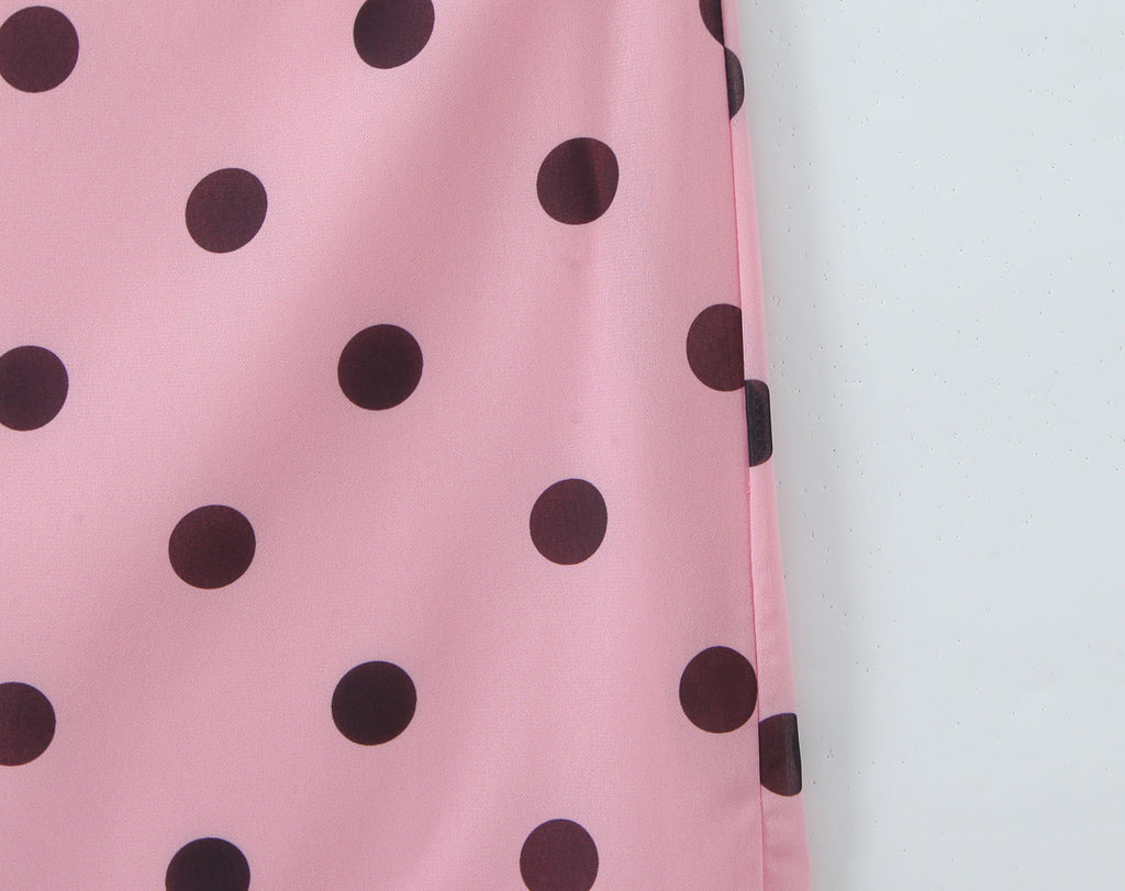 Gentle Elegant Pink Polka Dot Brace Dress Women Vintage Backless Lace up Design Tight Waist Maxi Dress