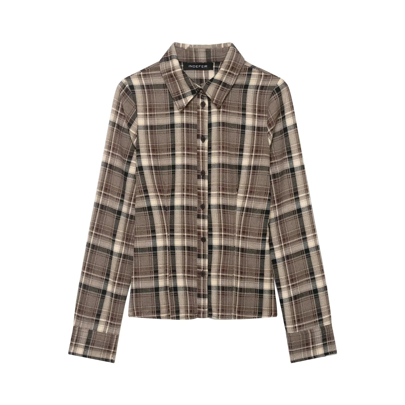 Women Clothing Top Product Slim Fit Plaid Shirt