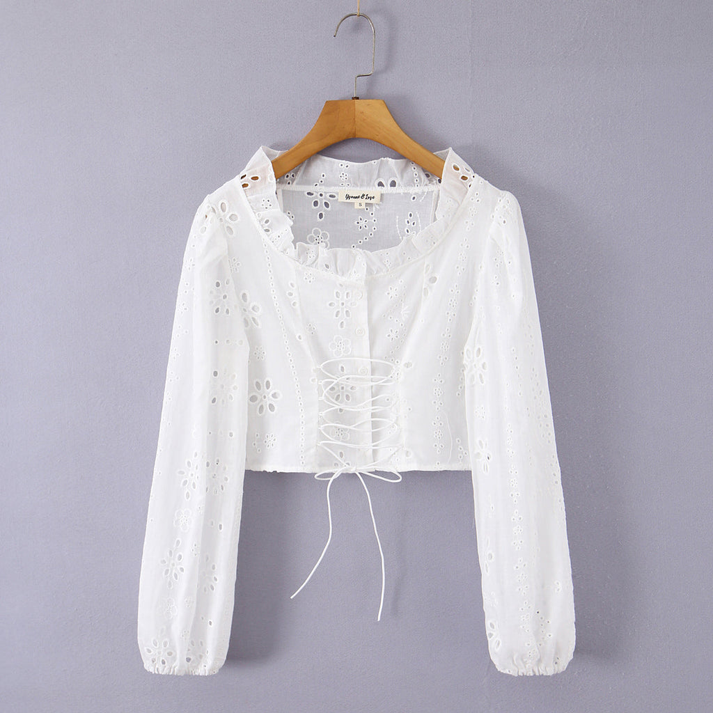 Deep V Plunge neck Hollow Out Cutout Embroidered Bishop Sleeves Top Women Design Lace up Waist Controlled Sexy Shirt