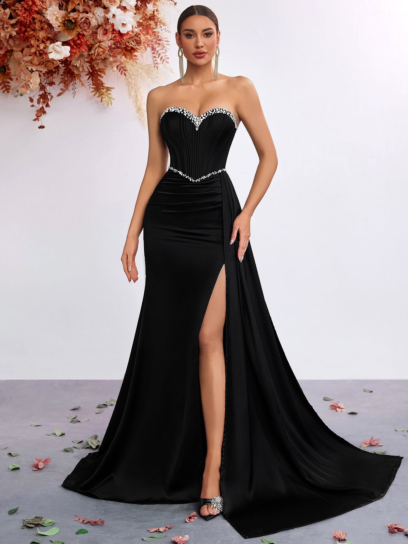 Strapless Rhinestone Waist-Tight High Slit Dress High Grade Light Luxury Ladies Cocktail Evening Dress