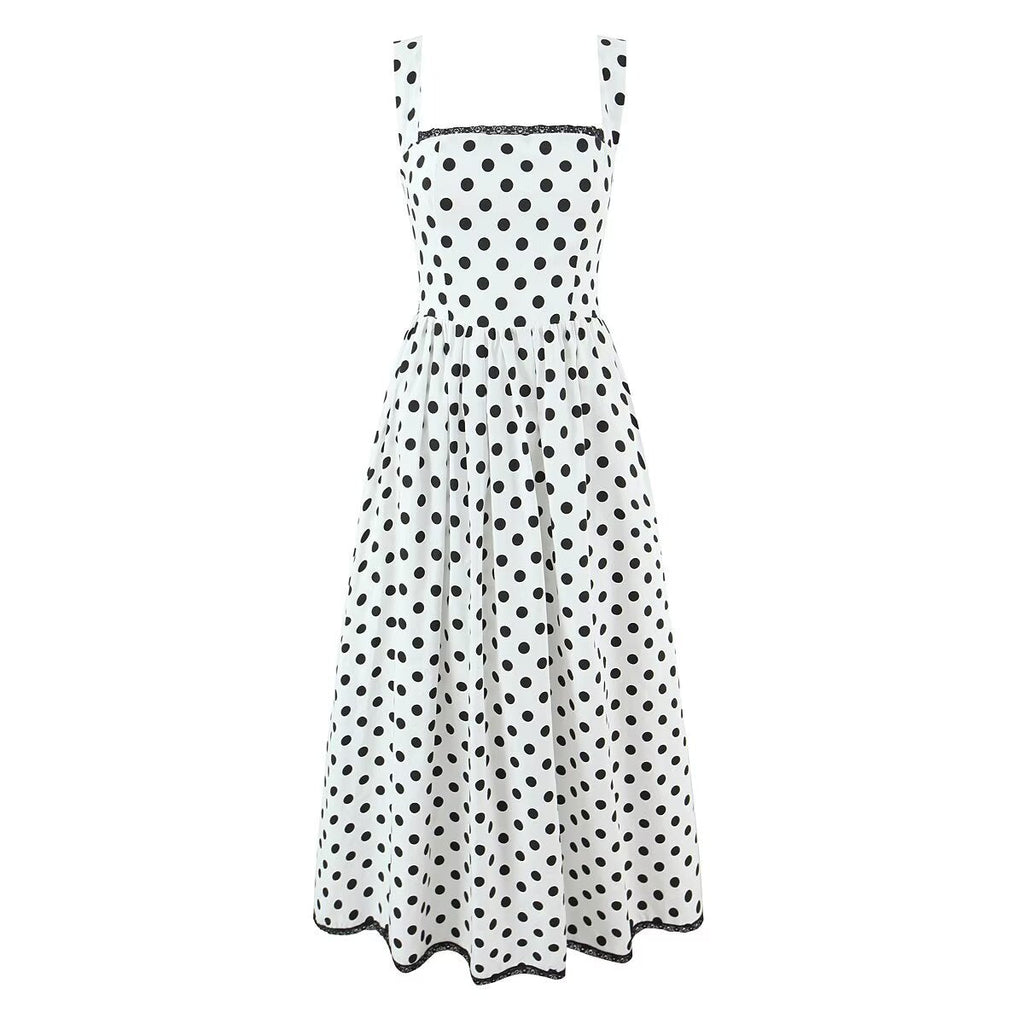 French Retro Dots Printed Lace Trim Holiday Dress Summer Waist Trimming Lace up Slim Fit Holiday Cami Long Dress