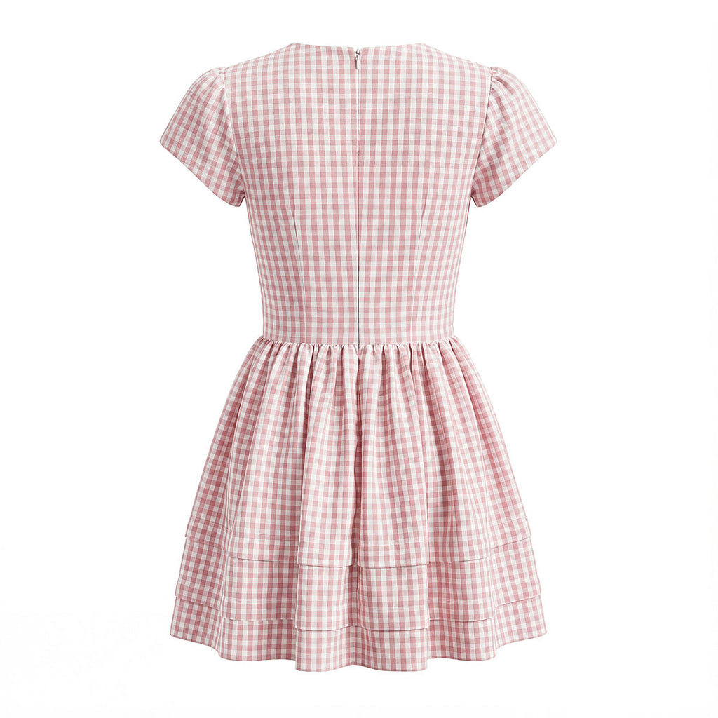Women Clothing Spring Sweet Youthful Short Slim Plaid Waist Tight A line Dress