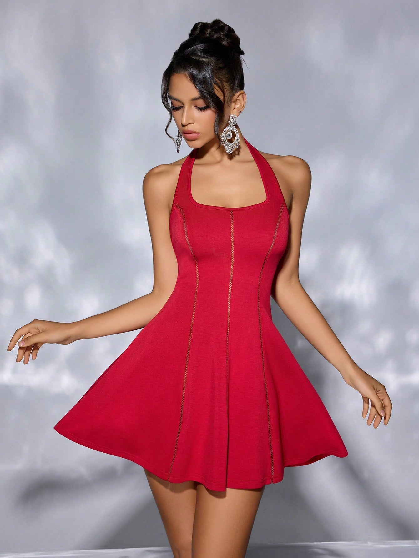 Women Clothing Solid Color Halter Lace up Tube Top Hollow Out Cutout out Stitching Cinched Short Dress Backless Tuxedo Dress