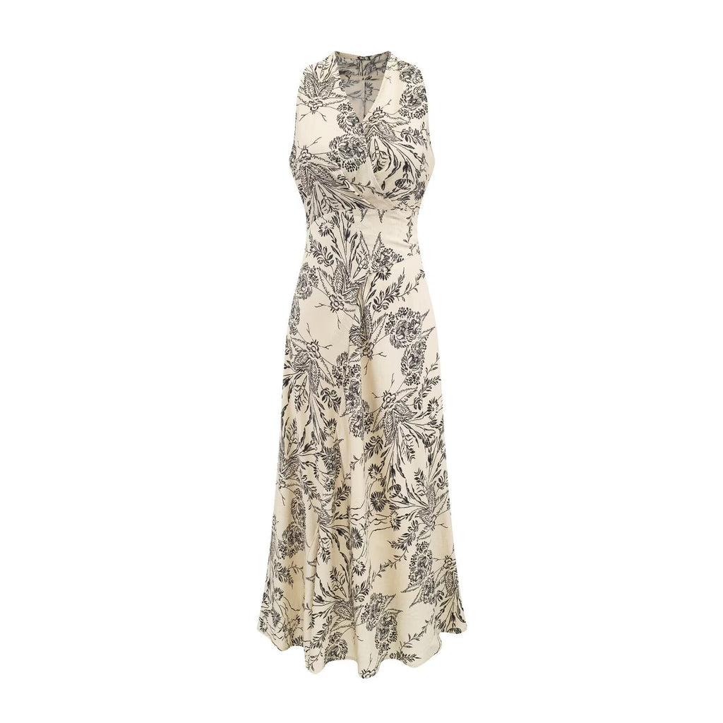 Elegant Graceful Cross V neck Sleeveless Printed Dress Summer Waist Controlled Lace up Slim Fit Vacation Dress Vest Dress