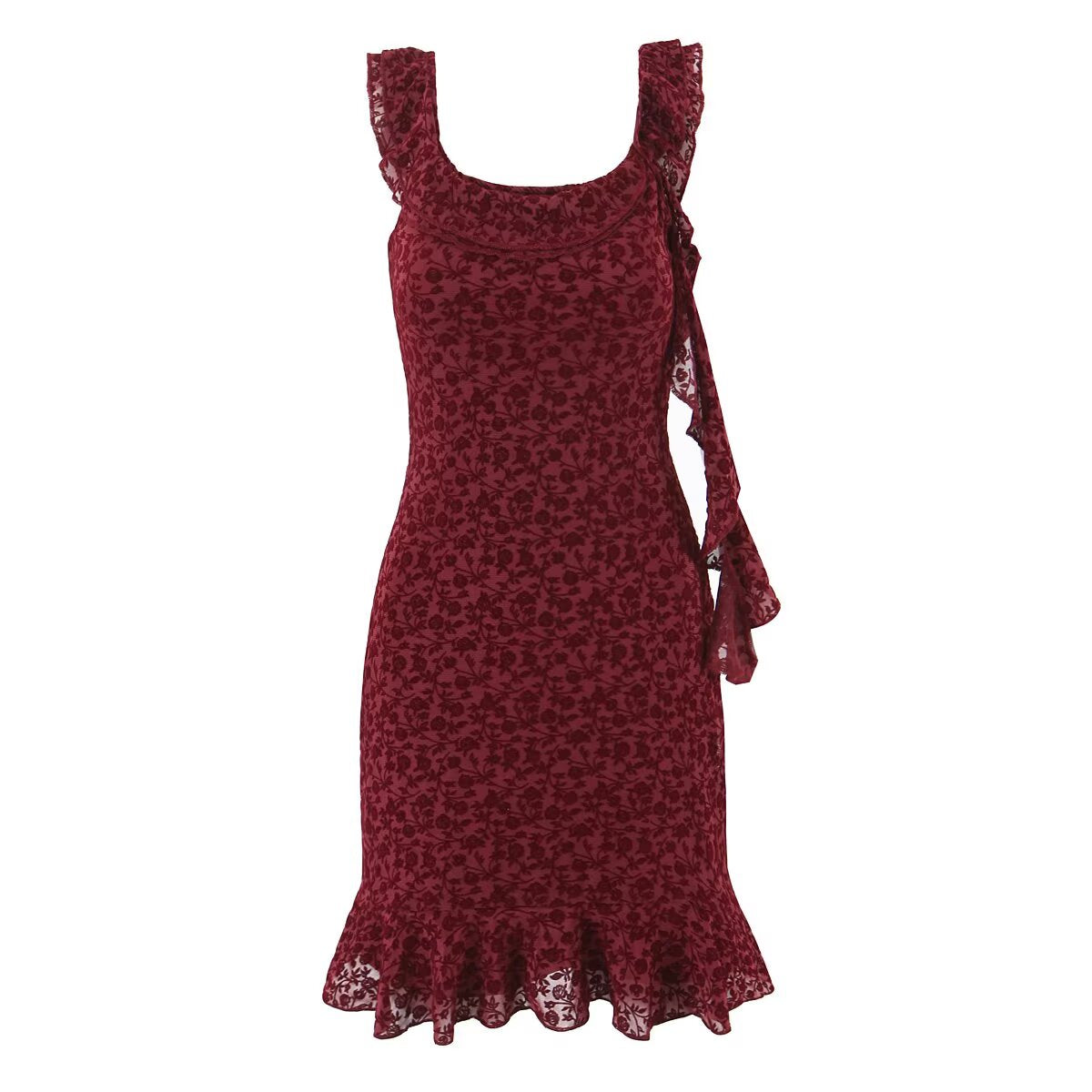 Sexy Cute Deep V Plunge neck Bow Flocked Printed Tight Waist A line Dress Ruffled Sexy Dress
