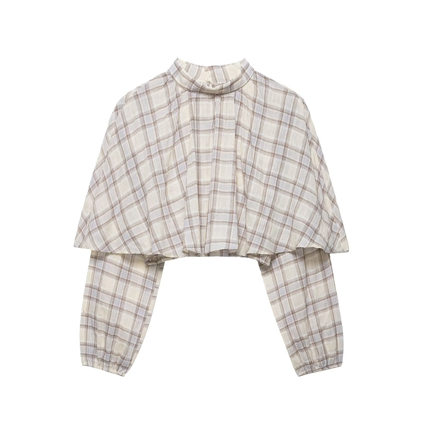 Spring Women Clothing Plaid Laminated Decoration Short Shirt Top
