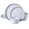 Gibson Home Folsom Shores 12 Piece Melamine Dinnerware Set in White w/ Black Rim