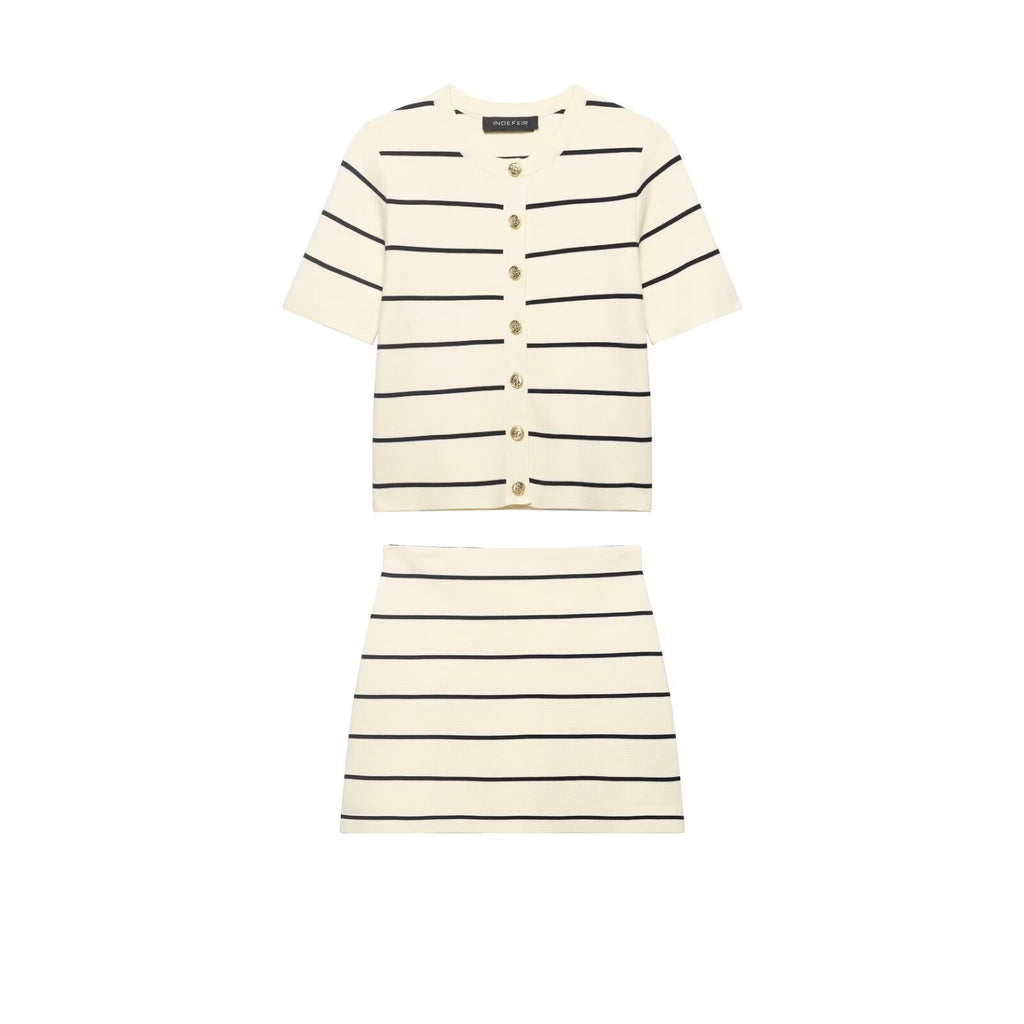 Women Striped Short Sleeved Knitted Jacket Mini Skirt Stes