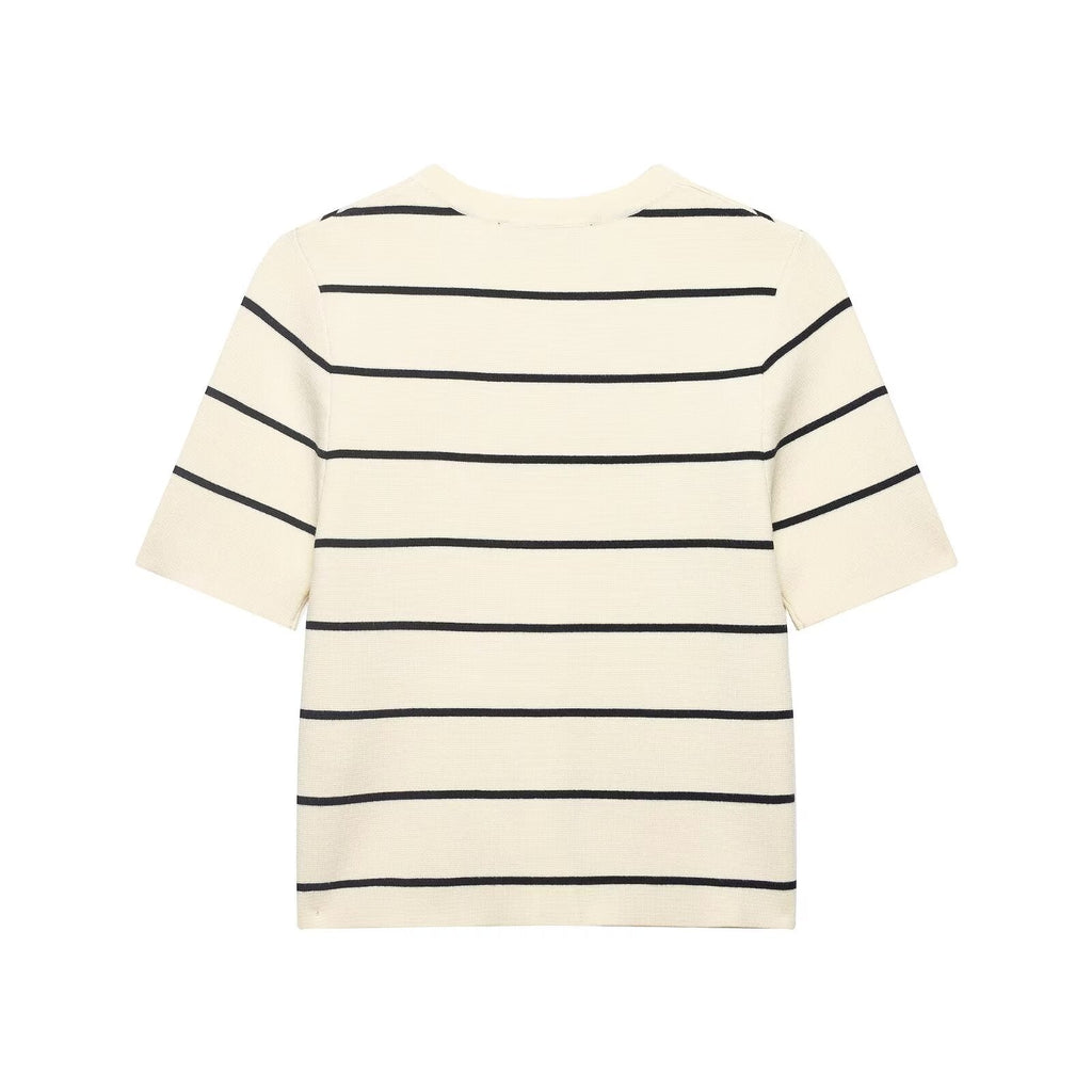Women Striped Short Sleeved Knitted Jacket Mini Skirt Stes