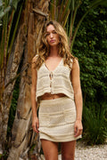 Spring Summer Beach Solid Color Sexy Knitted Beach Bikini Swimsuit Blouse Women Knitwear Two Piece Sets