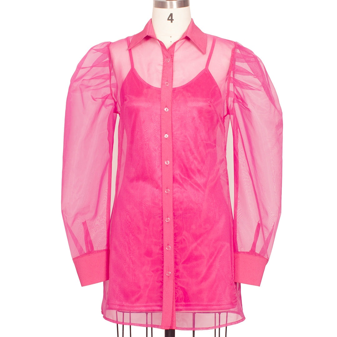 Spring Summer Women Clothing Puff Sleeve Top Long Sleeve Organza Cardigan Dress plus Size Suit for Women
