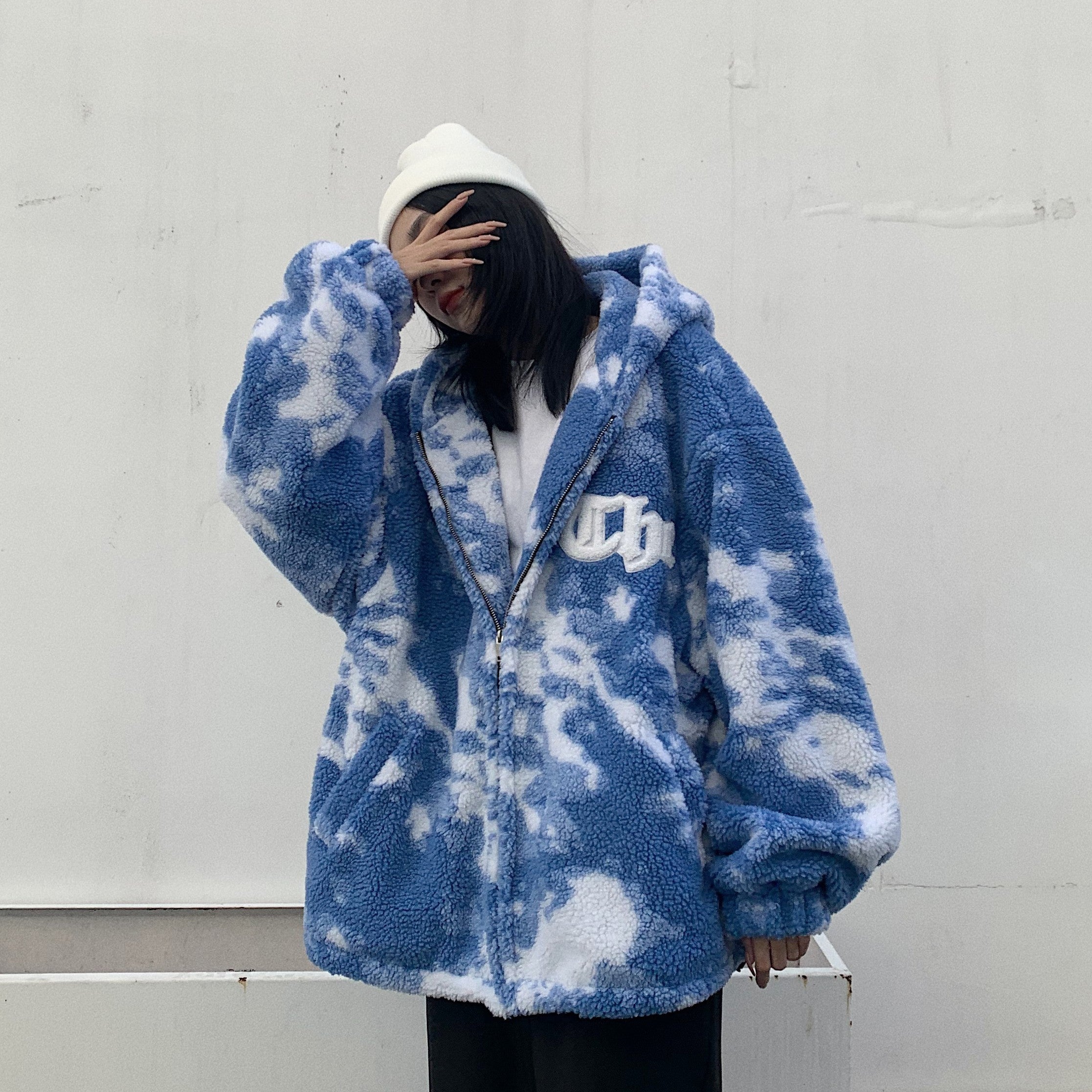Dark Night Night Autumn And Winter Blue Sky High Street Men Loose Hip-Hop Trend Lamb Plush Thick Hooded Couple Jacket Women