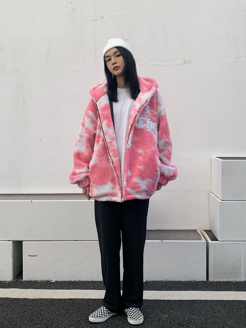 Dark Night Night Autumn And Winter Blue Sky High Street Men Loose Hip-Hop Trend Lamb Plush Thick Hooded Couple Jacket Women