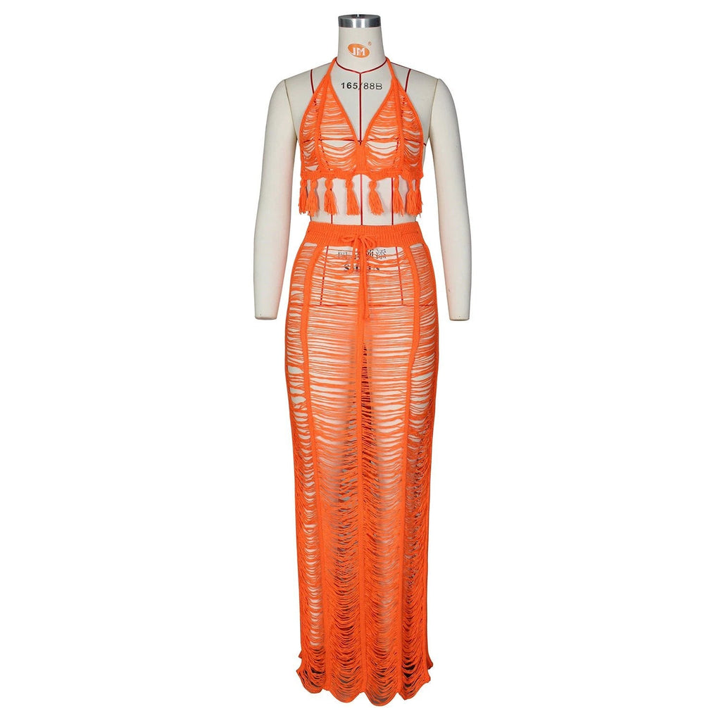See-through Tassel Knitted Beach Skirt Suit