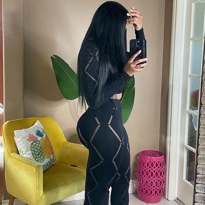 Women's Hollow-out Ripped High Waist Tight Pants Casual Sports Suit