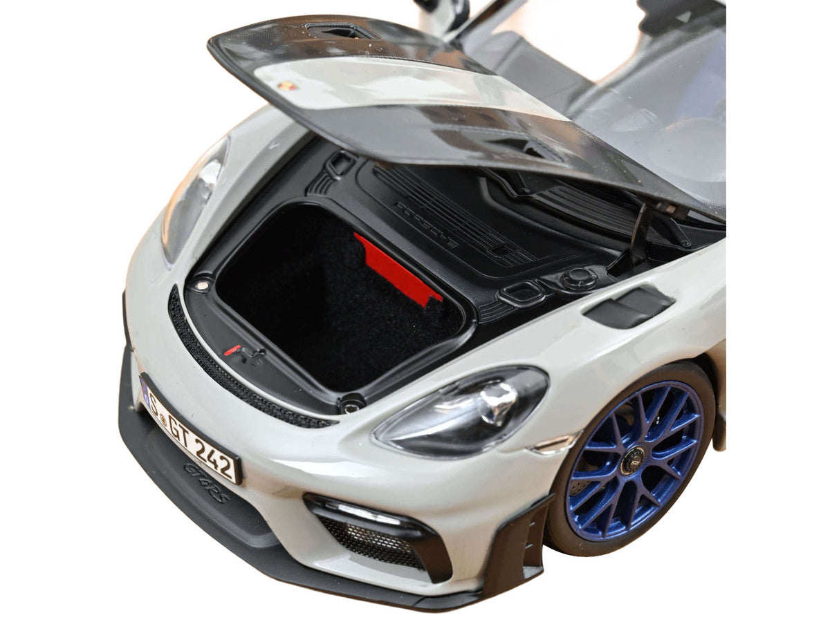 2023 Porsche Cayman GT4 RS Weissach Pack Chalk Gray with Carbon Hood Stripes 1/18 Diecast Model Car by Norev