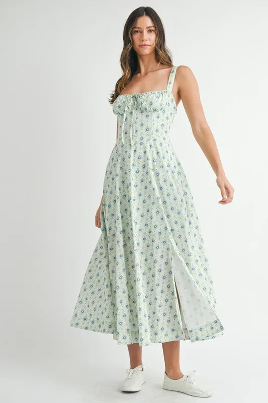 MABLE Floral Print Bustier Back Lace Up Midi Dress