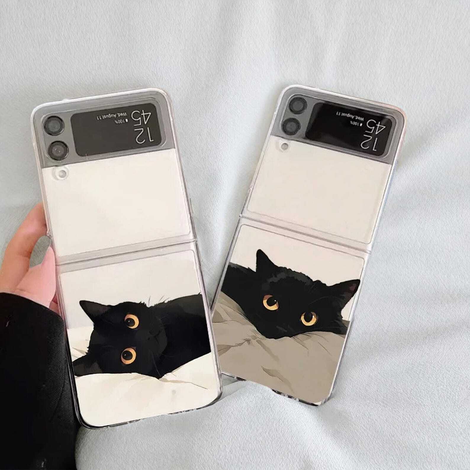 Cute Cartoon Black Cat Clear Case for Samsung Galaxy Z Flip 6/5/4/3 - Transparent Protective Cover with Adorable Design and Durable Shell