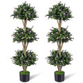 51" Artificial Triple Ball Boxwood Topiary Tree with 59 Blossoms Set of 2-Purple