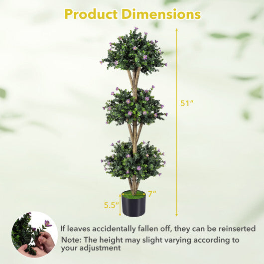 51" Artificial Triple Ball Boxwood Topiary Tree with 59 Blossoms Set of 2-Purple