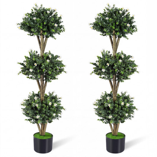 51" Artificial Triple Ball Boxwood Topiary Tree with 59 Blossoms Set of 2-Purple