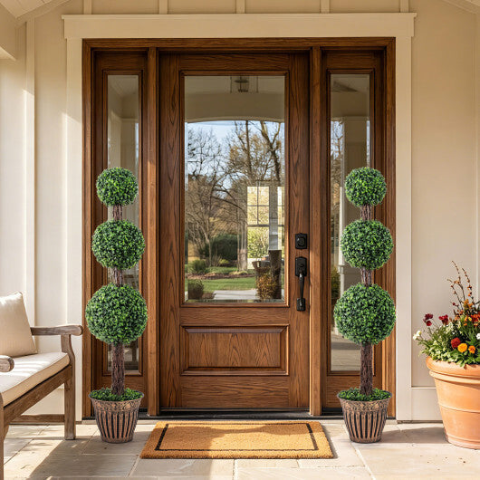 4 FT Artificial Triple Ball Boxwood Tree with Cement-filled Retro Planter Set of 2-Green