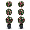 Set of 2 43.5" Artificial Triple Ball Rose Topiary Tree with Lifelike Blooms and Green Leaves