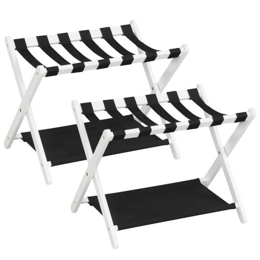 Solid Rubberwood Folding Luggage Rack with Nylon Shelves Set of 2-Brown