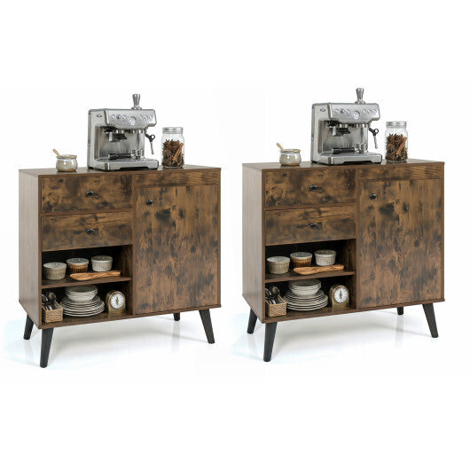 Set of 2 31" Buffet Cabinet with 2 Drawers and Open Compartments for Kitchen-Rustic Brown