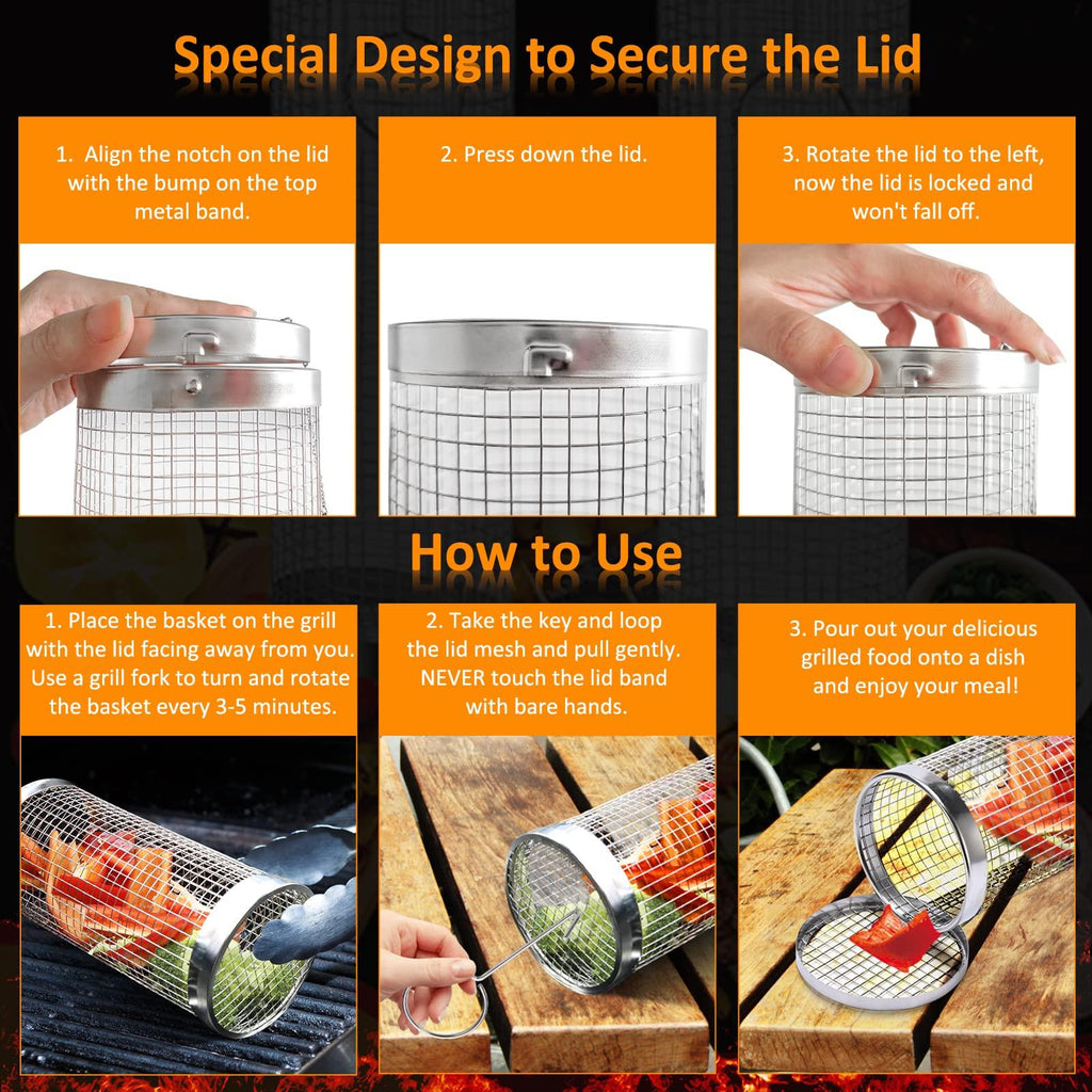 2 PCS Grill Basket BBQ Rolling Grilling Basket Stainless Steel Grill Mesh Barbeque Portable Grill Accessories for Fish BBQ Rolling Grilling Basket for Outdoor Grill Cylindrical Stainless Steel Grill