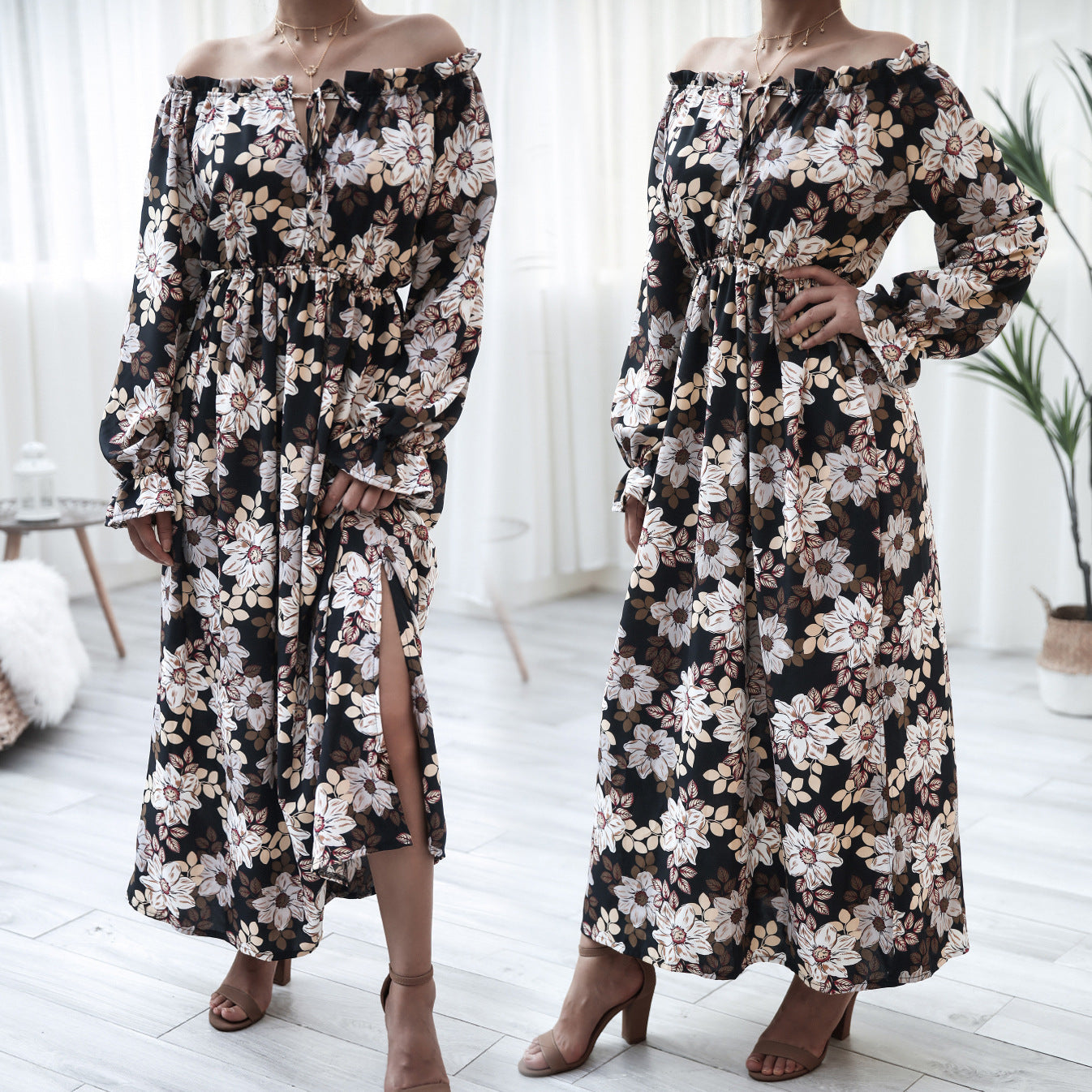 Floral Bell Sleeve Wooden Ear Strapless Vacation Dress Women Clothing