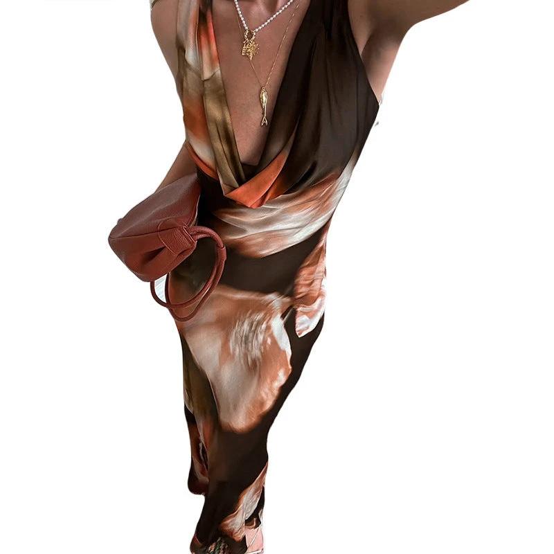 Retro Swing Collar Printing Color Contrast High Waist Long Dress