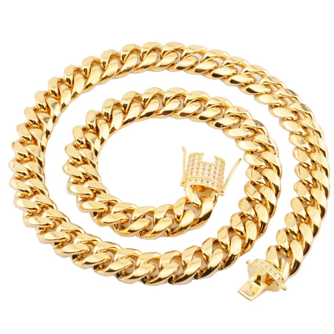 8-18mm Wide Stainless Steel Cuban Chain CZ Zircon Box Lock Necklace